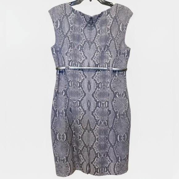 Calvin Klein, NWT, Gray, Snakeskin Print, Belted Sheath Dress, Size 12 - Picture 8 of 14